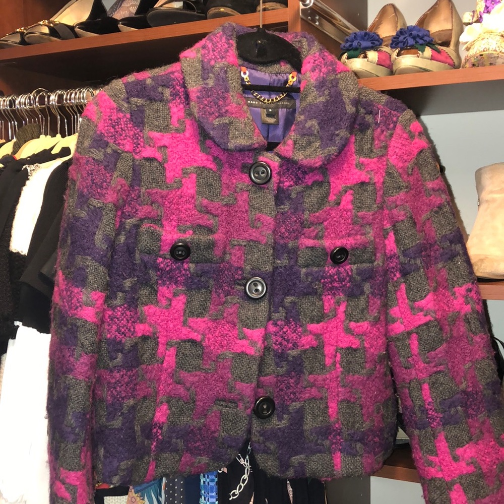 Marc by Marc Jacobs Pink Purple Green Houndstooth Wool Blend Jacket